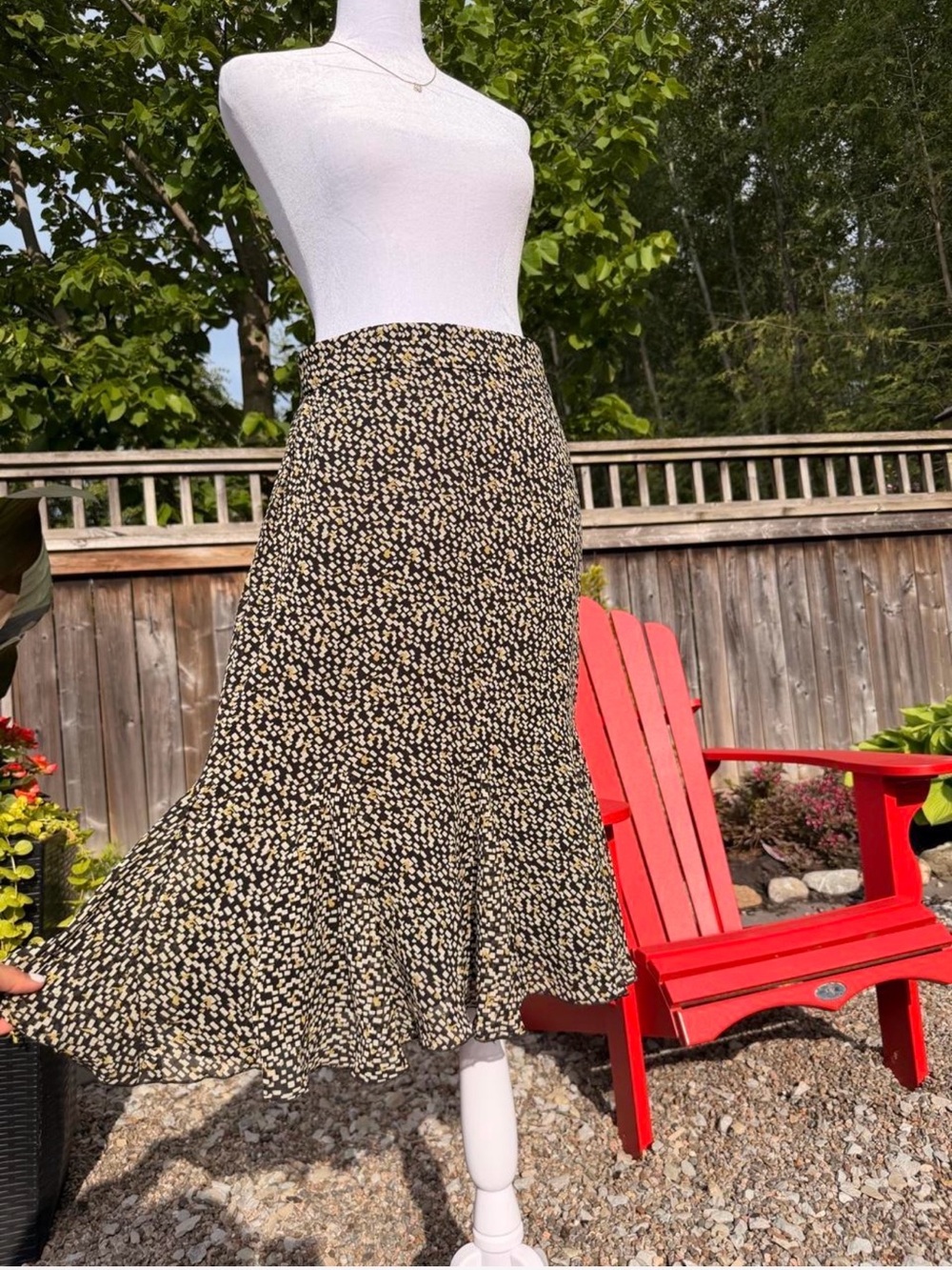 Anne Klein 100% Silk Black & Cream Midi Skirt
